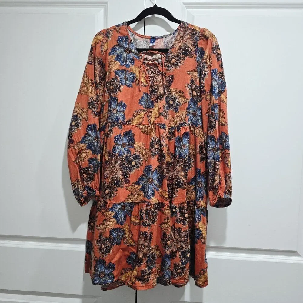 Old Navy - M Women Tie‎ Neck Tiered Orange Floral Mini Swing Dress Boho
